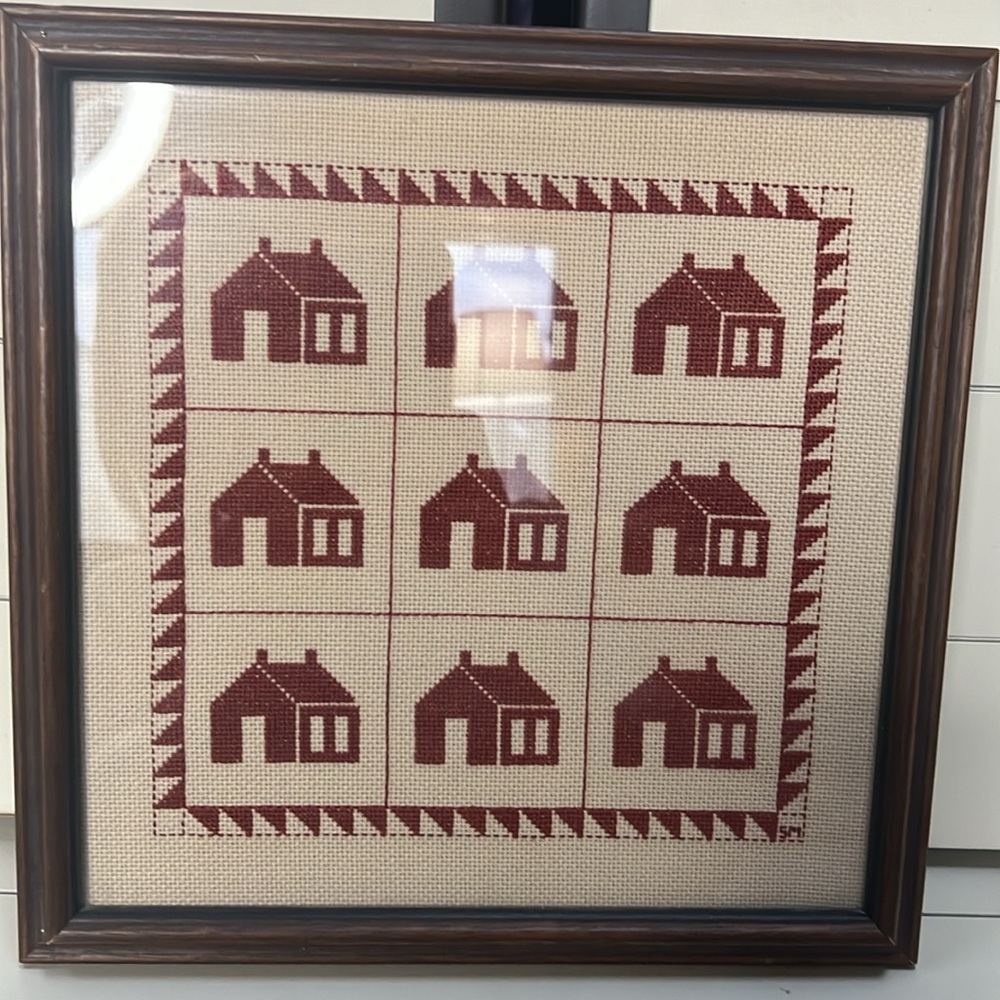 Vintage 80s schoolhouse cross stitch sampler